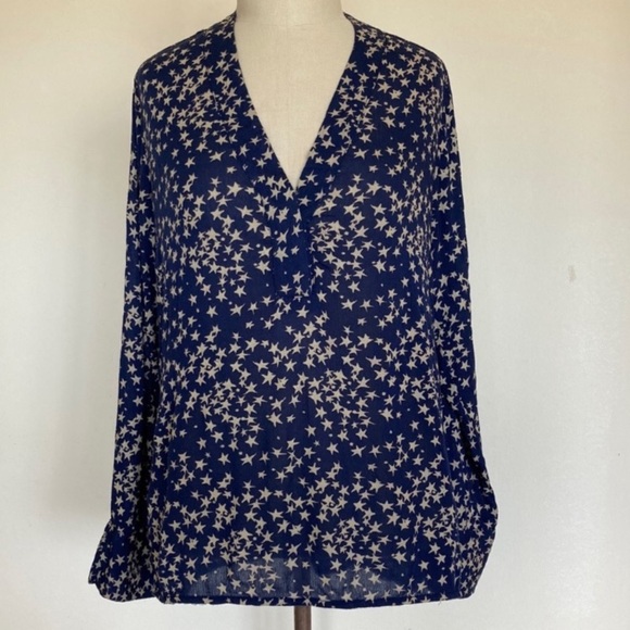 H&M Tops - H&M L.O.G.G. stars print, viscose crinkle fabric,  button down top, navy blue, 4